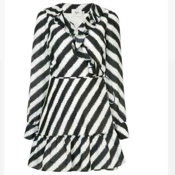 AJE Black & White Striped Tablas Mini Ruffles Wrap Dress Long Sleeve Size 6 NWOT - Picture 4 of 12